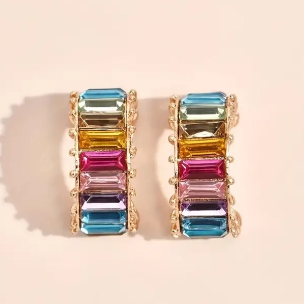 Rainbow Multicolor Crystal C Shape Hoops Stud Earrings - Picture 2 of 3